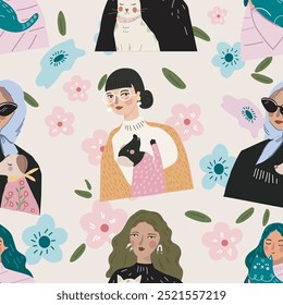 Patrón sin fisuras. 
Las niñas y sus mascotas. Ilustración plana de Vector de moda dibujada a mano.  Diseño para el Anuncio, tarjeta, cartel, folleto. 
Fondo transparente