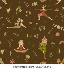 Patrón sin inconvenientes con las chicas que hacen yoga y se paran en diferentes asanas con un fondo marrón. Decoración hecha de personas, constelaciones, sol, luna y plantas. Caracteres vectoriales