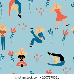 Seamless pattern of girls who go in for sports. Cute vector illustration