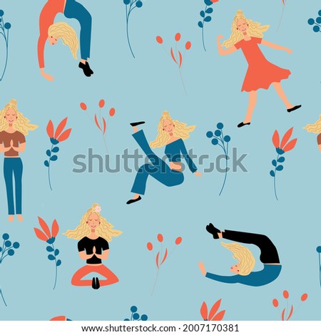 Seamless pattern of girls who go in for sports. Cute vector illustration