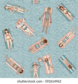 Seamless pattern of girls and women lying on air mattresses in the swimming pool, top view