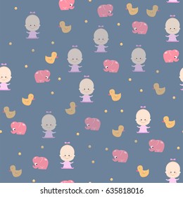 Seamless pattern with girls, yellow ducks, pink elephants and yellow dots for baby girl. Colorful cute vector seamless pattern for wrapping paper, fabric or wallpapers.