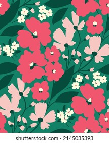 Seamless pattern, girly floral print with pink painted flowers, leaves on a green field. Romantic botanical background with liberty meadow. Vector illustration with a simple design.