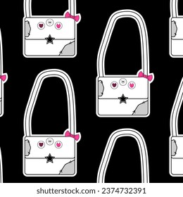 Seamless pattern with Girly shoulder bag with patches and badges. Black Emo Goth background. Gothic aesthetic in y2k, 90s, 00s and 2000s style. Vector illustration