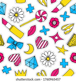 Seamless pattern with girly stickers on a white background. Vector illustration.