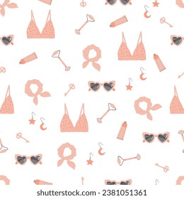 Seamless pattern with girly stuff. Cosmetics, glasses, earrings, bra, roller face. Feminism concept, woman elements for print, fabric, textile. Hand drawn vector design