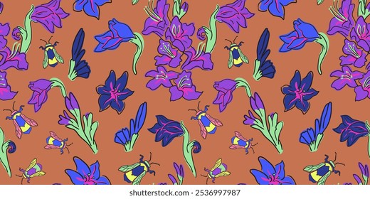 Patrón sin fisuras con flores de gladiolo en estilo doodle en Vector. Elemento para decoración Diseño de póster Impresión de Fondo de pantalla Envoltura de fondo Textil