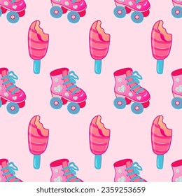 Seamless pattern and glam roller skates with diamonds and pink ice cream. Pink aesthetic. Vector illustration.