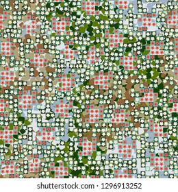 Seamless pattern. Glamorous pixel floral camouflage with backing. 
The background consists of small rounded squares. Easy to edit.