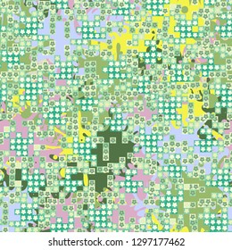 Seamless pattern. Glamorous pixel floral camouflage with backing.
Background composed of large blots. Easy to edit.