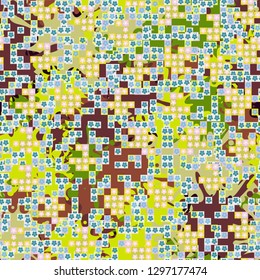 Seamless pattern. Glamorous pixel floral camouflage with backing.
Background composed of large blots. Easy to edit.