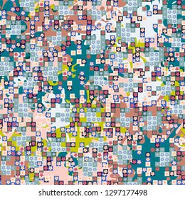 Seamless pattern. Glamorous pixel floral camouflage with backing.
Background composed of large blots. Easy to edit.