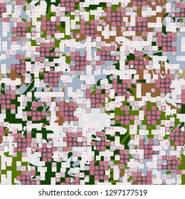 Seamless pattern. Glamorous pixel floral camouflage with backing.
Background composed of large blots. Easy to edit.