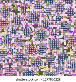 Seamless pattern. Glamorous pixel floral camouflage with backing.
Background consisting of rounded triangles and squares. Easy to edit.
