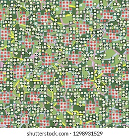 Seamless pattern. Glamorous pixel floral camouflage with backing.
Background consisting of angular shapes forming trap pattern. Editable.