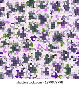 Seamless pattern. Glamorous pixel floral camouflage with backing.
The background consists of chaos of triangles and squares. Editable.