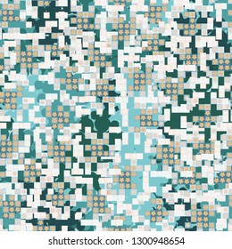Seamless pattern. Glamorous pixel floral camouflage with backing.
The background consists of branched blots. Editable.