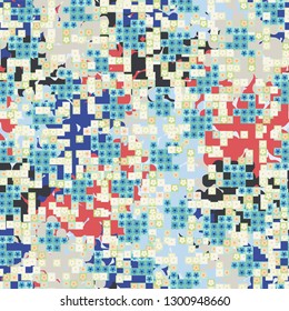 Seamless pattern. Glamorous pixel floral camouflage with backing.
The background consists of branched blots. Editable.