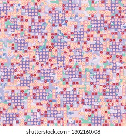 Seamless pattern. Glamorous pixel floral camouflage with backing.
The background consists of five-petal elements. Editable.
