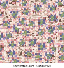 Seamless pattern. Glamorous pixel floral camouflage with backing.
The background consists of chaos smoothly curved abstract elements. Editable.