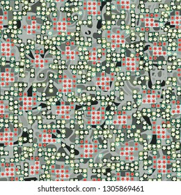 Seamless pattern. Glamorous pixel floral camouflage with backing.
The background consists of chaos smoothly curved abstract elements. Editable.