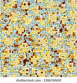 Seamless pattern. Glamorous pixel floral camouflage with backing.
The background consists of chaos of broken lines and colored spots. Editable.