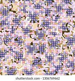 Seamless pattern. Glamorous pixel floral camouflage with backing.
The background consists of chaos of broken lines and colored spots. Editable.