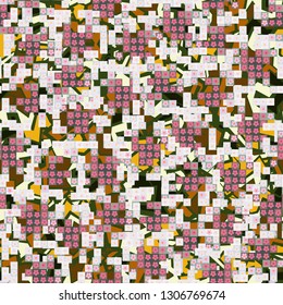 Seamless pattern. Glamorous pixel floral camouflage with backing.
The background consists of chaos of broken lines and colored spots. Editable.