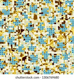Seamless pattern. Glamorous pixel floral camouflage with backing.
The background consists of chaos of broken lines and colored spots. Editable.