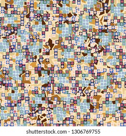 Seamless pattern. Glamorous pixel floral camouflage with backing.
The background consists of chaos of broken lines and colored spots. Editable.