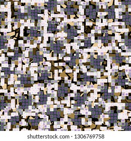 Seamless pattern. Glamorous pixel floral camouflage with backing.
The background consists of chaos of broken lines and colored spots. Editable.
