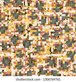 Seamless pattern. Glamorous pixel floral camouflage with backing.
The background consists of chaos of broken lines and colored spots. Editable.