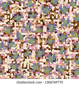Seamless pattern. Glamorous pixel floral camouflage with backing.
The background consists of chaos of broken lines and colored spots. Editable.