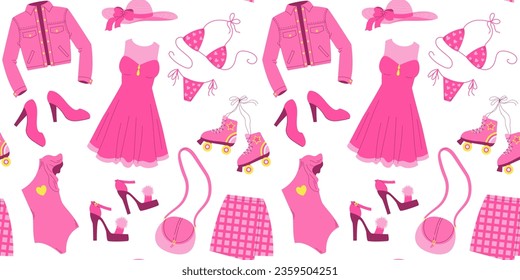 Seamless pattern with glamorous trendy pink clothing, bag, swimwear, shoes. Flat vector illustration on white background. Nostalgic Pinkcore 2000s style collection. Valentines day.