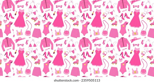 Seamless pattern with glamorous trendy pink clothing, cosmetics, accessories, shoes. Flat vector illustration on white background. Nostalgic Pinkcore 2000s style collection. Valentines day.