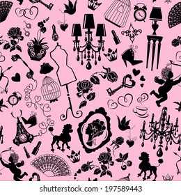 Seamless pattern with glamour accessories, furniture, girl portrait and dogs - black silhouettes on pink background. Ready to use as swatch. 