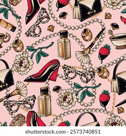 Seamless pattern with glamour elements such as pearls, shoes, lipstick etc. Vector