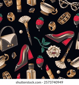 Seamless pattern with glamour elements such as pearls, shoes, lipstick etc. Vector