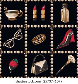 Seamless pattern with glamour elements such as pearls, shoes, lipstick etc. Vector