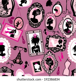 Seamless pattern with glamour girl portraits  - black silhouettes. Princess accessories and furniture. Ready to use as swatch. 