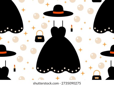 Seamless pattern with glamour little black dress, legant handbag, hat, red lipstick and pearls. Seamless fashion pattern. Old-fashioned retro-styled design