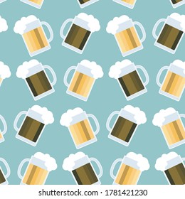 Seamless pattern with glass of beer. Background Oktoberfest. Lager beer icon. Vector simple flat illustration. International Beer Day 2nd August.