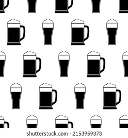 Patrón sin foco con vaso de cerveza. Pinta negra de icono plana sobre fondo blanco. Bomba de cerveza de icono. Diseño moderno para impresión en tela, papel envolvente, papel pintado, embalaje. Ilustración del vector