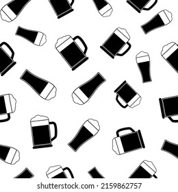 Seamless pattern with glass of beer. Black flat icon pint on white background. Icon beer mug. Modern design for print on fabric, wrapping paper, wallpaper, packaging. Vector illustration