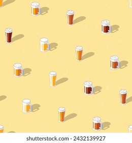 Seamless pattern of glass of beer in various color on yellow background