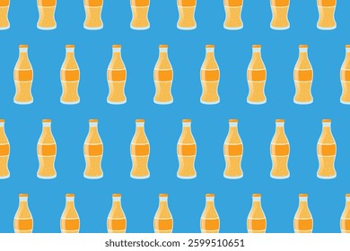 Seamless pattern of glass beverage bottles with orange liquid on a vivid blue background. Great for juice packaging, summer themes, and cafe graphics.