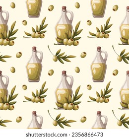 Seamless pattern with Glass bottle with olive oil. Cooking, Organic food, Healthy eating, Italian cuisine concept. Vector illustration