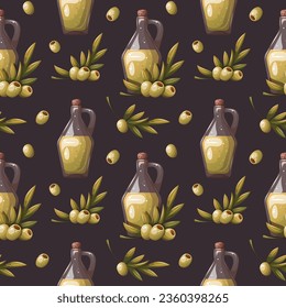 Seamless pattern with Glass bottle with olive oil. Cooking, Organic food, Healthy eating, Italian cuisine concept. Vector illustration