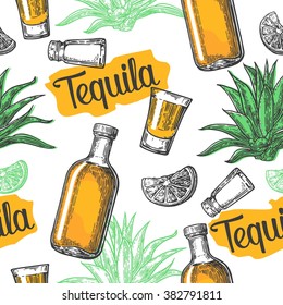 Seamless pattern of glass and bottle, salt, cactus and lime on white background. Vintage vector engraving illustration for label, poster, web, invitation to a tequila party.