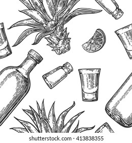 Seamless pattern of glass and bottle, tequila, salt, cactus and lime on white background. Vintage vector engraving illustration for label, poster, web, invitation to party.